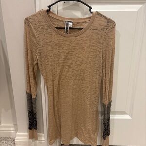 BKE Tan Long Sleeve Top with Lace Details